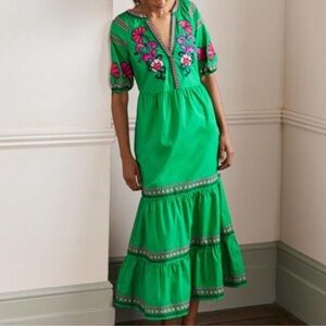 Boden Green Maxi Dress with Pink Floral Accents